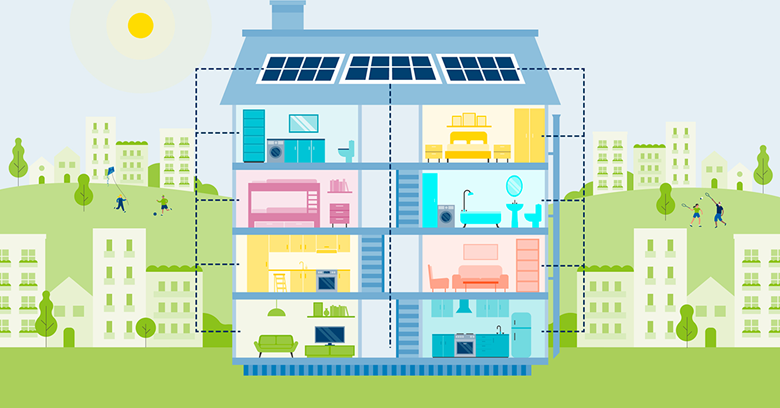 A sketched apartment building with solar panels on the roof.