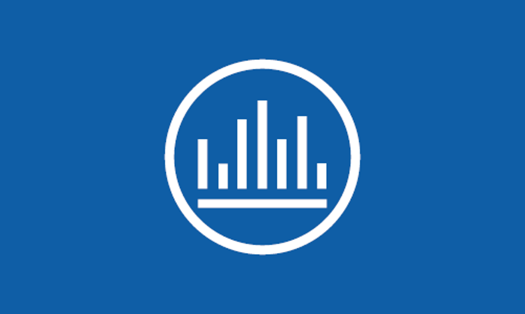 White data graphic icon on blue background.
