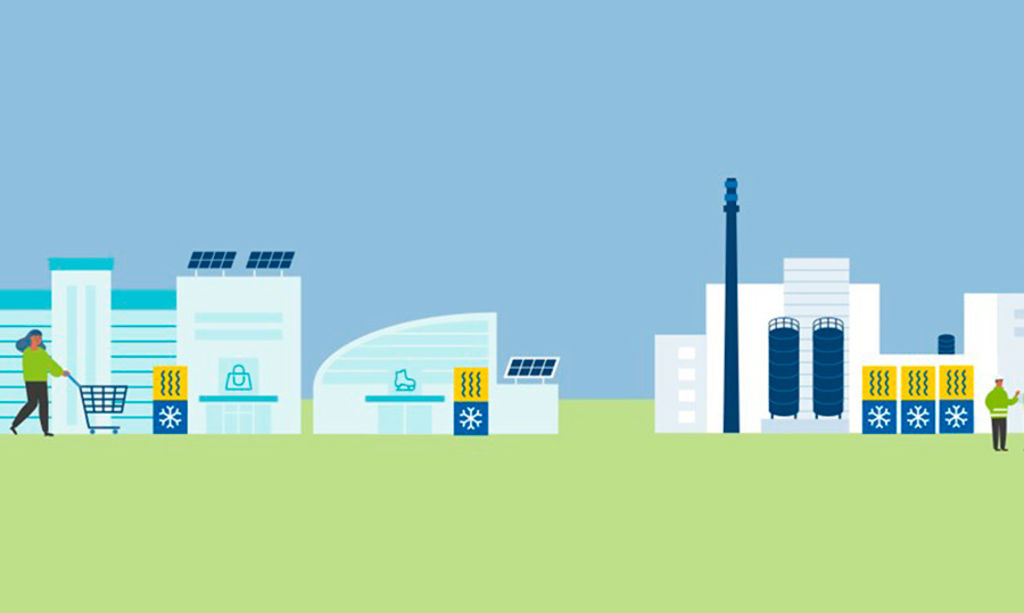 The use of surplus and waste heat is illustrated with cartoon-like graphics.