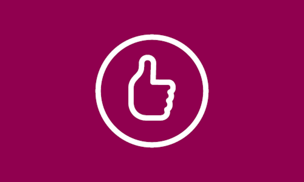 White thumbs up icon on burgundy background.