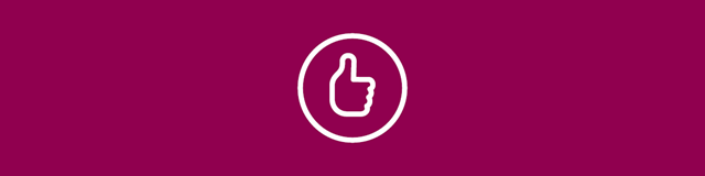 White thumbs up icon on burgundy background.
