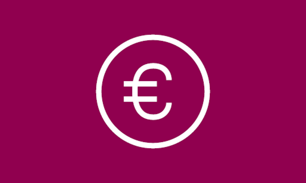 White euro icon on burgundy background.