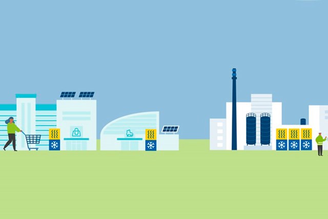 The use of surplus and waste heat is illustrated with cartoon-like graphics.