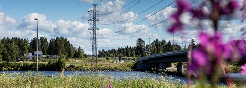 Electricity lines crossing the Oulu river in the summer.