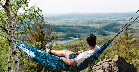 A person sits on a hanging swing and looks at the landscape.