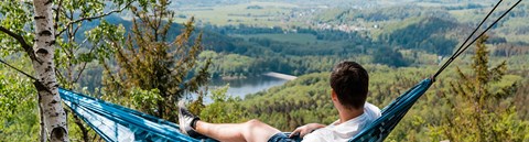 A person sits on a hanging swing and looks at the forresty landscape.