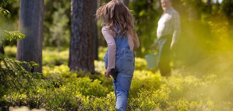 Lapsi juoksee kesäisessä metsässä.