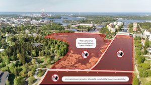 kuvassa on merkattu Merikosken voimalaitoksen läheiset vesialueet, joilla liikkuminen on kiellettyä ja hengenvaarallista. 