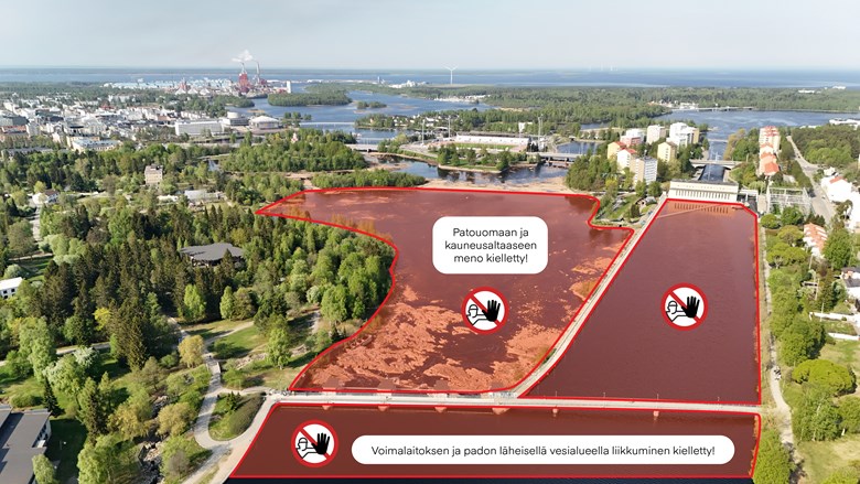 kuvassa on merkattu Merikosken voimalaitoksen läheiset vesialueet, joilla liikkuminen on kiellettyä ja hengenvaarallista. 