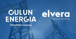 Kuvassa näkyy voimalinjoja ja sen päällä Oulun Energian ja Elveran logot. 
