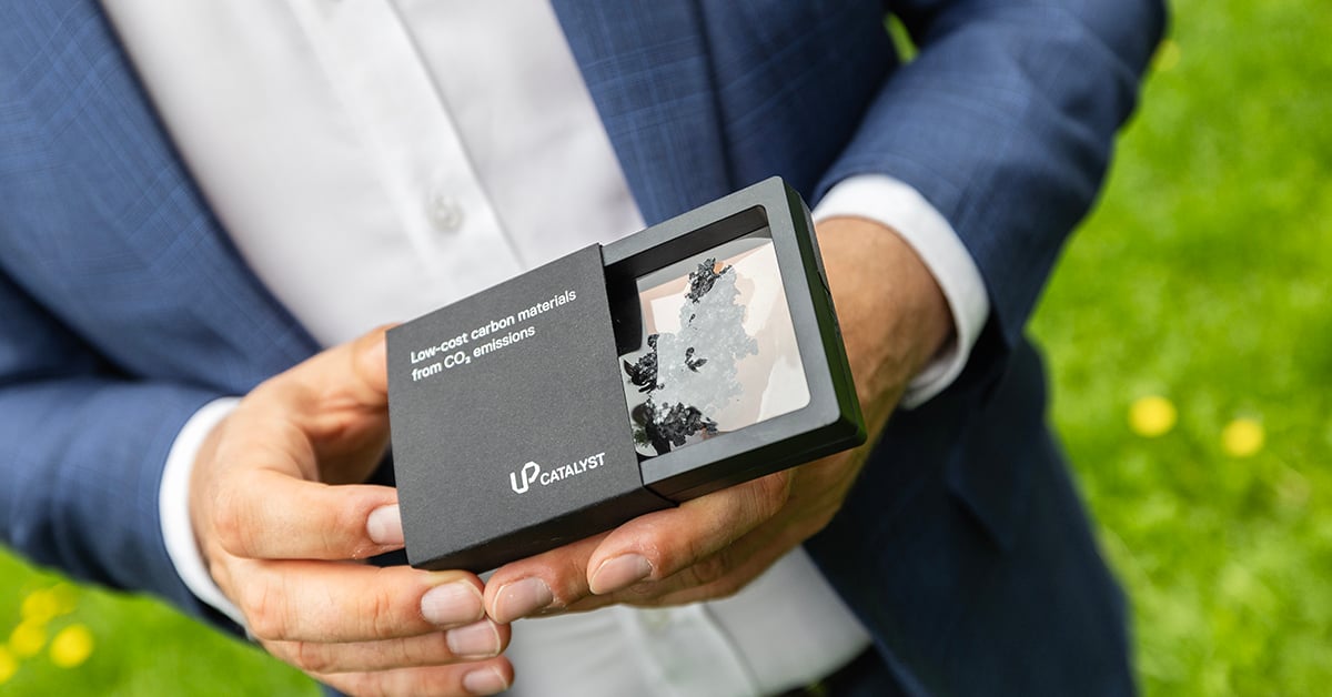 The image shows Up Catalyst’s sample of a carbon material made from captured carbon dioxide emissions.