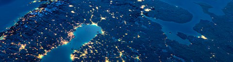 Finland from space, the lights of cities can be seen in the darkness of the night.