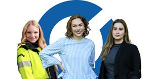 Kesätyöntekijät Annika, Sini ja Juliana. Taustalla on Oulun Energian sininen O-logo. 