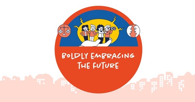 Four cartoon characters stand on the palm of a person. The text below says "Boldly embracing the future".