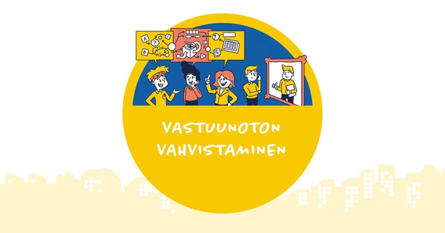 Viisi piirrettyä henkilöä miettivät, miten voisivat auttaa toisiaan. Kolmen henkilön pään päällä on puhekuplat.