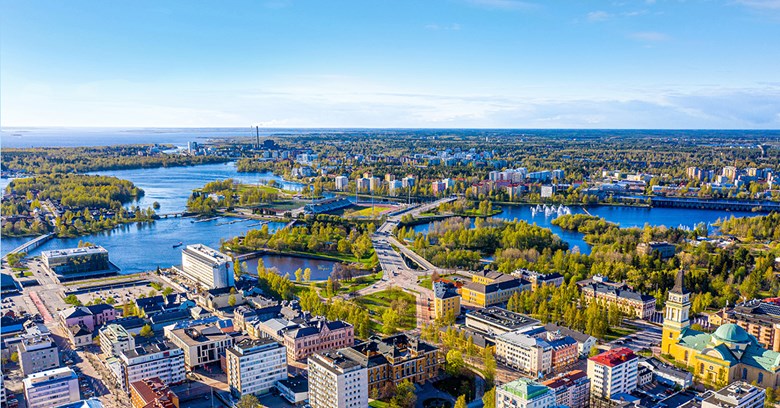 Aerial view of sunny Oulu.