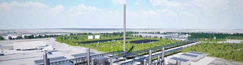 Havainnekuva 3D-mallinnuksena vedyn tuotantolaitoksesta, jota kaavaillaan Laanilan teolisuusalueelle. 