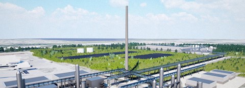 Havainnekuva 3D-mallinnuksena vedyn tuotantolaitoksesta, jota kaavaillaan Laanilan teollisuusalueelle. 