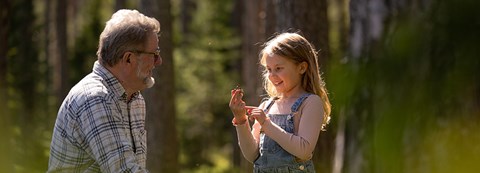 The grandfather and the child are in the forest. It's summer and the sun is shining. The girl is holding a pine cone.