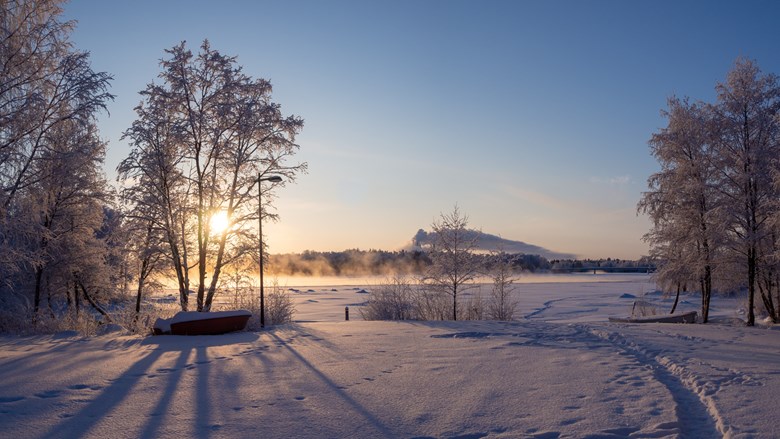 Luminen maisemakuva aurinkoisesta Pikisaaresta vedellepäin otettuna