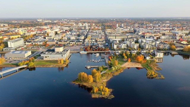 Aerial view of Oulu city centre in autumn.