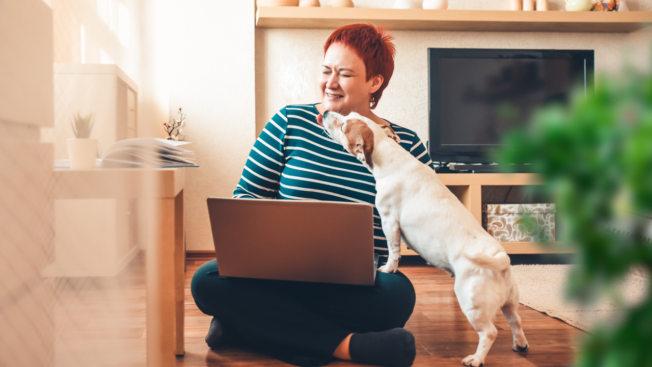The dog licks the face of the woman sitting on the floor. The woman has a laptop on her lap.