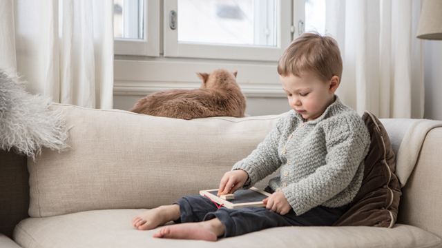 A young child and an orange cat are sitting on a sofa. The child is holding a tablet. 