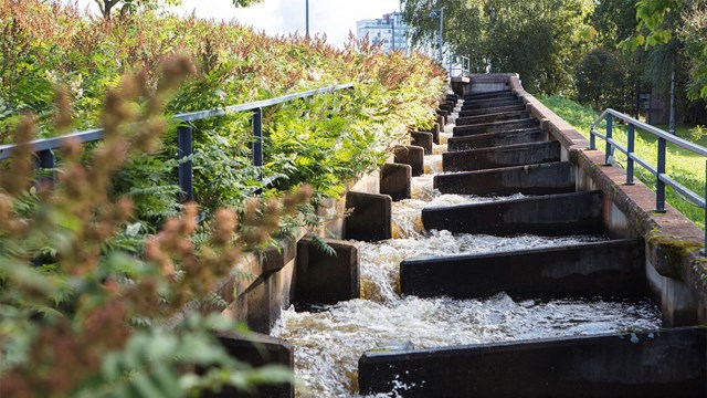 Water flowing down the Merikoski fishway.