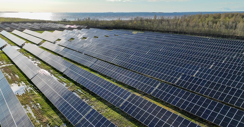 blue solar panels shot from above and the sea in the background.